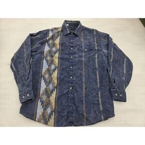 Vtg High Noon Mens Size L Blue Button Up Aztec Shirt Long Sleeve Western Cowboy